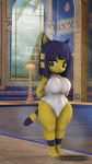  2018 3d_(artwork) animal_crossing ankha anthro bangs big_breasts black_eyes blue_hair breasts cat clothed clothing digital_media_(artwork) egyptian eyeshadow feline female hair hands_behind_back inside makeup mammal navel nintendo short_stack slightly_chubby solo source_filmmaker standing swimming_pool swimsuit tahliansfm thick_thighs video_games voluptuous wide_hips window 