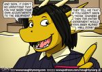  2018 clothed clothing comic dialogue dragon english_text hair naughtymorg smile solo text 