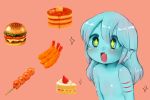  1girl :d animal_ears bangs blue_eyes blue_hair blue_sclera blue_skin blush commentary_request dango drooling fang filet_(kai_himo) food fruit gills hamburger head_fins hungry kai_himo monster_girl nude open_mouth original pancake pink_background saliva shrimp shrimp_tempura simple_background smile solo sparkle sparkling_eyes strawberry tempura upper_body wagashi 