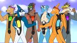  2016 anthro anthrofied black_fur black_hair black_nose blue_body blue_eyes brown_eyes brown_fur brown_nose butt charizard cloud day fur fuze gear group hair headband horn lapras long_hair looking_at_viewer male membranous_wings mostly_nude mudsdale multicolored_fur nintendo nipples orange_body outside pok&eacute;mon pok&eacute;mon_(species) pok&eacute;morph pose red_eyes sharpedo sky smile spots spotted_body standing stoutland straps tauros teeth thumbs_up two_tone_body two_tone_fur video_games white_belly white_body wings 
