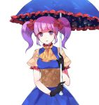  bangs black_gloves blue_dress blunt_bangs bow bustier dress gloves hair_bow holding looking_at_viewer original parted_lips peachpii puffy_short_sleeves puffy_sleeves purple_eyes purple_hair red_bow short_hair short_sleeves solo transparent_background twintails umbrella upper_body 