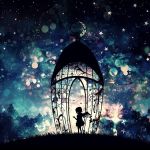  bird commentary_request crescent_moon dress fantasy forest grass harada_miyuki highres hill moon nature night night_sky original silhouette sky solo standing star_(sky) starry_sky tree wings 