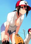  baseball_cap baseball_mitt breasts brown_eyes cleavage commentary_request gen_(black_factory) hat highres leaning_forward medium_breasts open_clothes open_shirt original ponytail shorts sweat thighhighs 