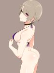  ass back bikini_top bottomless brown_background brown_hair choker covered_nipples green_eyes heterochromia highres looking_at_viewer nezuko original purple_bikini_top purple_eyes short_hair sidelocks simple_background solo 
