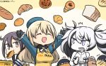  /\/\/\ 3girls :d akebono_(kantai_collection) apron atago_(kantai_collection) black_gloves black_hair blonde_hair blush bow bowtie bread closed_eyes commentary dated eating escort_water_hime food food_in_mouth gloves hamu_koutarou highres kantai_collection long_hair multicolored_hair multiple_girls object_namesake open_mouth pan-pa-ka-paaan! pun purple_eyes purple_hair shinkaisei-kan smile twintails two-tone_hair white_eyes white_gloves white_hair white_skin 