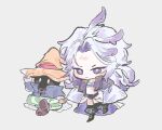  2boys baby_ff_4 black_footwear black_mage_(final_fantasy) blue_coat blue_eyes boots brown_footwear chibi coat cropped_jacket feather_hair_ornament feathers final_fantasy final_fantasy_ix grey_background grey_hair hair_ornament hat holding holding_hat holding_unworn_clothes jacket kuja long_hair male_focus midriff multiple_boys otoko_no_ko pants parted_bangs puffy_pants purple_jacket striped_clothes striped_pants vivi_ornitier wizard_hat yellow_eyes 