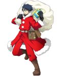  :d bag belt black_gloves blue_hair box brown_footwear full_body fur_trim gift gift_box glasses gloves hair_between_eyes holding holding_bag holding_box leg_up log_horizon male_focus official_art open_mouth pants red_pants rimless_eyewear sack santa_costume scroll shiroe short_hair smile solo standing standing_on_one_leg sweatdrop transparent_background 