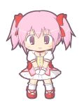  bangs blush bow chibi choker closed_mouth collarbone commentary_request dress eyebrows_visible_through_hair gloves hair_between_eyes hair_bow kaname_madoka kneehighs magical_girl mahou_shoujo_madoka_magica own_hands_together pink_dress pink_eyes pink_hair puffy_short_sleeves puffy_sleeves red_bow red_choker red_footwear rinechun shoes short_sleeves sidelocks smile solo standing twintails v_arms white_gloves white_legwear 