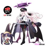  2girls absurdres apron black_hair black_halo blue_archive boots bound chibi chibi_inset coat collared_shirt cosplay demon_girl demon_horns demon_wings eating english_text food fur_collar fuuka_(blue_archive) halo haruna_(blue_archive) haruna_(blue_archive)_(cosplay) hat head_scarf high-waist_skirt highres hina_(blue_archive) horns koflif long_hair military_hat multiple_girls necktie off-shoulder_coat off_shoulder pantyhose pleated_skirt purple_eyes purple_halo shirt skirt steak tied_up_(nonsexual) tray very_long_hair white_hair wings 