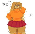  2018 anthro big_breasts breasts canine cherrikissu clothed clothing cosplay digital_media_(artwork) dog dogmom english_text eyewear female glasses looking_at_viewer mammal saluki scooby-doo_(series) simple_background solo text thick_thighs velma_(scooby-doo) voluptuous white_background wide_hips 