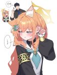  1boy 1girl absurdres animal_ear_fluff animal_ears black_shirt blue_archive blue_eyes blue_necktie blush commentary_request ear_focus flower hair_flower hair_ornament halo headset highres long_hair mari_(blue_archive) necktie orange_hair sensei_(blue_archive) shirt simple_background speech_bubble sweatdrop translation_request warabi_mochi_(w4rabimochi) white_background yellow_halo 