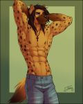  2018 abs anthro athletic black_hair black_nose black_spots blue_eyes clothed clothing eyebrows feralise green_background hair hands_behind_head hyena jeans jewelry looking_at_viewer male mammal muscular muscular_male necklace nipples orange_skin pants pose simple_background smile solo spots standing topless 