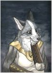  anthro armor blue_eyes bracers canine caristinn claws cloak clothing corsack female fox mammal robe tunic whitemark 