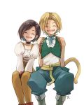  1boy 1girl aqua_ribbon arms_behind_back bare_shoulders belt black_choker blonde_hair blue_pants bodysuit breasts brown_hair choker closed_eyes collar cropped_vest feet_out_of_frame final_fantasy final_fantasy_ix frilled_collar frills garnet_til_alexandros_xvii gloves green_vest grey_footwear juliet_sleeves long_sleeves low_ponytail medium_breasts monkey_tail neck_ribbon open_clothes orange_bodysuit pants parted_bangs puffy_sleeves red_footwear red_gloves ribbon shirt short_hair sitting sleeveless sleeveless_shirt smile swept_bangs tail takase_toho vest white_background yellow_belt zidane_tribal 