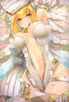  ahoge arm_at_side arm_up armpits bangs belt belt_buckle blonde_hair blush breasts breasts_apart bridal_veil buckle center_opening colored_eyelashes commentary_request detached_collar detached_sleeves dutch_angle eyebrows_visible_through_hair fate/grand_order fate_(series) flower flower_wreath full-length_zipper garter_belt garter_straps gloves gradient gradient_background green_eyes grin groin hair_between_eyes hair_flower hair_ornament head_wreath highres hips juliet_sleeves leaf legs_together leotard lock long_sleeves looking_at_viewer loose_belt medium_breasts navel nero_claudius_(bride)_(fate) nero_claudius_(fate)_(all) open_clothes padlock petals puffy_detached_sleeves puffy_sleeves ribbed_sleeves sidelocks smile solo strapless strapless_leotard thighs umesake unzipped veil waist_cape water_drop wet white_flower white_gloves white_leotard white_sleeves wide_sleeves zipper zipper_pull_tab 