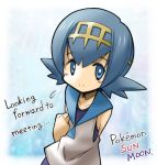  arm_behind_back bangs bare_arms blue_eyes blue_hair blue_sailor_collar blush bright_pupils closed_mouth collarbone copyright_name engrish eyebrows eyebrows_visible_through_hair flat_chest flying_sweatdrops hair_ornament hairband hand_on_own_chest hand_up looking_at_viewer one-piece_swimsuit pokemon pokemon_(game) pokemon_sm purple_swimsuit ranguage rascal sailor_collar shirt short_hair sleeveless sleeveless_shirt smile solo suiren_(pokemon) swimsuit swimsuit_under_clothes tareme trial_captain white_pupils white_shirt yellow_hairband 