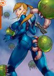  blonde_hair bodysuit breast_grab breasts cameltoe metroid metroid_(creature) monster penis ponytail samus_aran sketch_lanza skin_tight zero_suit 