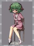  1girl animal_ears arms_behind_back black_footwear blush bondage border chair dog_ears dress embarrassed eyebrows_visible_through_hair female full_body gag gagged green_eyes green_hair half-closed_eyes highres kasodani_kyouko knees_together_feet_apart long_sleeves looking_at_viewer matching_hair/eyes mepikari nose_blush peeing peeing_self puddle purple_dress shoes short_hair simple_background single_shoe sitting socks solo tears touhou wet_clothes white_legwear 