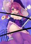  breasts commentary_request dress duel_monster fork green_eyes hat heart heart-shaped_pupils heterochromia highres large_breasts long_hair madolche_magileine open_mouth pantyhose pink_hair purple_eyes purple_hair solo symbol-shaped_pupils witch_hat yaibaken yuu-gi-ou 