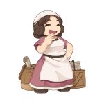  1girl :d apron breasts brown_bag brown_hair chibi chibi_only closed_eyes curly_hair dress full_body head_scarf insurance_shop_lady medium_breasts official_art open_mouth paper pink_dress ragnarok_online scroll short_hair short_sleeves simple_background smile solo standing transparent_background white_apron white_head_scarf wooden_box yuichirou 