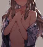  asakaze_(kantai_collection) bare_shoulders breasts brown_hair cleavage hand_on_own_chest head_out_of_frame jpeg_artifacts kantai_collection long_hair medium_breasts orihi_chihiro partially_undressed solo 