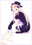  abigail_williams_(fate/grand_order) absurdres bangs black_bow black_dress black_footwear black_hat blonde_hair bloomers blue_eyes border bow bug butterfly commentary_request dress fate/grand_order fate_(series) forehead grey_border hair_bow hand_on_own_knee hat highres holding holding_stick insect kakitama long_hair long_sleeves looking_at_viewer looking_to_the_side orange_bow parted_bangs partial_commentary polka_dot polka_dot_bow shoes simple_background sleeves_past_fingers sleeves_past_wrists solo squatting stick underwear very_long_hair white_background white_bloomers 