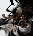  1boy absurdres arm_armor asymmetrical_arms black_sash black_shirt black_wristband blurry claws commentary dark-skinned_male dark_skin depth_of_field english_commentary fingerless_gloves foreshortening gloves grey_hair grey_outline grey_pants hakama hakama_pants hands_up highres japanese_clothes kingdom_hearts kingdom_hearts_birth_by_sleep light_smile looking_to_the_side male_focus medium_hair monster orange_eyes pants parted_bangs sash shirt short_sleeves shoulder_strap snoozaga solo spiked_hair terra-xehanort tight_clothes turtleneck turtleneck_shirt 