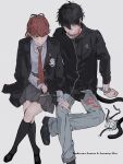  1boy 1girl absurdres amamiya_ren black_footwear black_hair black_hoodie black_ribbon black_socks chain chain_leash character_name closed_mouth collar collared_shirt crossed_legs cuffs grey_background grey_pants hair_ribbon handcuffs highres holding holding_leash hood hood_down hoodie invisible_chair jacket jacket_on_shoulders kneehighs leash long_sleeves looking_at_viewer muzzle necktie ooc_(sylyaoh) pants persona persona_5 persona_5_the_royal plaid_clothes plaid_skirt pleated_skirt ponytail red_collar red_eyes red_hair red_necktie ribbon shirt simple_background sitting skirt socks yoshizawa_kasumi 