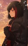  bang_dream! black_hair black_jacket blush closed_mouth cloud cloudy_sky eyebrows_visible_through_hair from_side guitar_case hood hooded_jacket instrument_case jacket long_sleeves mitake_ran multicolored_hair outdoors red_eyes red_shirt rinto_(rint_rnt) shirt short_hair sky smile solo standing streaked_hair sunset 