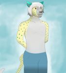  2018 cheetah clothed clothing feline fur heterochromia invalid_color male mammal moon_fang15 simple_background solo standing topless yellow_fur 