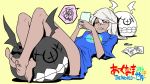  bare_legs barefoot blonde_hair blue_shirt cellphone commentary_request drawing eyebrows_visible_through_hair guilty_gear guilty_gear_xrd hair_between_eyes holding holding_phone jin_(mugenjin) lying naked_shirt no_pants on_back orange_eyes pen phone ramlethal_valentine ringed_eyes sharp_teeth shirt short_hair short_sleeves simple_background smartphone solo speech_bubble spoken_squiggle squiggle teeth yellow_background 