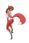  2017 animal_humanoid breasts brown_hair butt canine digitigrade female fox fox_humanoid green_eyes hair humanoid long_hair mammal nipples nude pussy simple_background smile solo standing taus transformation white_background 