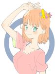  absurdres bra_strap breasts closed_mouth donguri_suzume eyebrows_visible_through_hair flower green_eyes hair_flower hair_ornament hand_up highres large_breasts looking_at_viewer orange_hair original pink_shirt shirt short_sleeves smile smug solo upper_body v 