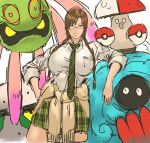  amoonguss breasts cowboy_shot cradily ferrothorn gen_3_pokemon gen_4_pokemon gen_5_pokemon glasses_girl_(nameo) green_eyes green_neckwear highres huge_breasts long_hair looking_at_viewer nameo_(judgemasterkou) necktie original plant poke_ball pokemon pokemon_(creature) smile striped tangrowth vines yellow_eyes 