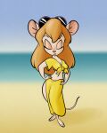 anthro barefoot beach belly_dance belly_dancing big_breasts bottomwear breasts chip_&#039;n_dale_rescue_rangers cleavage clothed clothing disney dress eyes_closed feet female gadget_hackwrench hair hands_on_hips hi_res hula_dancer mammal murid murine navel red_hair rodent sea skirt sky solo stanmort thick_thighs toes water wide_hips yellow_bottomwear yellow_clothing yellow_dress yellow_skirt