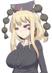  alternate_costume alternate_hairstyle black_shirt blonde_hair breasts burn_scar buttons closed_mouth collarbone commentary_request ear eyebrows_visible_through_hair eyelashes headdress jitome junko_(touhou) large_breasts looking_away pom_pom_(clothes) scar shirt sidelocks simple_background solo tassel touhou upper_body white_background xialu_zajin yellow_eyes 