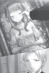  1girl animal_ears ayakura_juu beard blush coffin craft_lawrence facial_hair flower from_above greyscale holo indoors long_hair lying monochrome novel_illustration official_art on_back parted_lips spice_and_wolf spoilers upper_body wolf_ears 