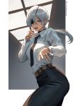  1girl absurdres ass belt belt_buckle black_choker black_necktie black_pants breasts brown_belt buckle chainsaw_man choker collared_shirt commentary commission english_commentary eyepatch grey_eyes highres long_hair long_sleeves looking_at_viewer necktie one_eye_covered open_mouth pants ponytail quanxi_(chainsaw_man) seventeencrows shirt solo teeth tongue twitter_username white_hair white_shirt 