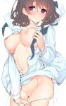  areolae bed_sheet breasts brown_hair collarbone commentary_request cowboy_shot dakimakura large_areolae large_breasts navel nipples original panties panty_pull pulled_by_self purple_eyes sample simple_background smile solo tatami_to_hinoki underwear undressing work_in_progress 