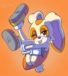  2018 anthro bedroom_eyes blush bottomless brown_eyes butt clothed clothing cream_the_rabbit cub digital_media_(artwork) female fur gloves half-closed_eyes hi_res lagomorph mammal one_eye_closed orange_background presenting presenting_hindquarters pussy pussy_juice rabbit seductive simple_background smile sonic_(series) soulcentinel tan_fur teasing tongue tongue_out upskirt wink young 