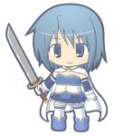  bangs blue_eyes blue_footwear blue_hair blue_shirt blue_skirt blush boots cape chibi closed_mouth collarbone commentary_request detached_sleeves eyebrows_visible_through_hair full_body gloves hair_between_eyes holding holding_sword holding_weapon long_sleeves looking_at_viewer magical_girl mahou_shoujo_madoka_magica miki_sayaka pleated_skirt rinechun shirt skirt smile solo standing strapless sword thighhighs weapon white_background white_cape white_gloves white_legwear 