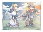  1boy 1girl black_jacket black_pants blonde_hair border braid brown_hair cloud cloudy_sky crossed_belts crown_braid grandia grandia_ii grass hair_between_eyes hand_in_own_hair head_scarf holding_hands jacket light_blush michibata_65 mountain outdoors pants puffy_short_sleeves puffy_sleeves red_scarf ryudo_(grandia) scarf short_hair short_sleeves sky smile spiked_hair updo upper_body white_border wrist_cuffs 