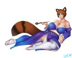  2018 animal_humanoid big_breasts blue_eyes breasts brown_hair cleavage clothed clothing eyewear female footwear glasses hair holding_object humanoid japanese_clothing kimono legwear lying mammal procyonid raccoon raccoon_humanoid sandals simple_background smoking_pipe solo stockings thigh_highs urw white_background 