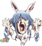  1girl animal_ear_fluff animal_ears ash_baby_(meme) blue_hair braid carrot_hair_ornament commentary cropped_torso don-chan_(usada_pekora) english_commentary food-themed_hair_ornament frostyjeiik hair_ornament hands_up hollow_eyes hololive long_hair meme multicolored_hair open_mouth rabbit_ears rabbit_girl scarf simple_background solo thick_eyebrows twin_braids two-tone_hair usada_pekora usada_pekora_(1st_costume) virtual_youtuber white_background white_hair white_scarf 