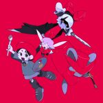  2girls adeleine animal_ears armor bat_wings beret black_hair blush_stickers claws colored_sclera dark_meta_knight daroach fairy fairy_wings hat highres holding holding_sword holding_weapon kanianoreki kirby:_star_allies kirby_(series) mouse_ears multiple_girls open_mouth paintbrush pauldrons pink_hair red_background red_hat red_ribbon red_theme ribbon ribbon_(kirby) shoulder_armor sword torn_wings weapon wings yellow_sclera 
