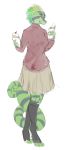  black_socks chameleon clothing feathers food green_scales lizard loodfoks multicolored_scales purple_scales reptile scales scalie simple_background skirt smile solo stripes sweater zaria_corazon 