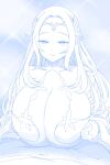  1boy 1girl blue_theme blush breasts breasts_squeezed_together cleavage dress elf getsuyoubi_no_tawawa highres himura_kiseki_(style) huge_breasts long_hair looking_at_viewer monochrome naozuri paizuri parted_lips pointy_ears pov smile staff tiara 