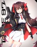  bangs belt black_gloves blush breasts brown_eyes buckle cape cleavage_cutout collared_shirt commentary_request double-breasted eyebrows_visible_through_hair eyes_visible_through_hair fang fingerless_gloves girls_frontline gloves gun hair_between_eyes hair_ribbon head_tilt highres holding holding_gun holding_weapon light_particles long_hair looking_at_viewer medium_breasts necktie outstretched_hand pleated_skirt qbz-97 qbz-97_(girls_frontline) red_neckwear red_ribbon ribbon ripe.c shirt sidelocks simple_background skirt solo thighhighs thighs trigger_discipline twintails twitter_username underbust very_long_hair weapon white white_legwear white_shirt wrist_straps 