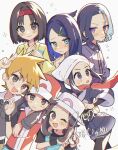  3boys 4girls :d akari_(pokemon) amethio_(pokemon) belt blue_oak blush brown_hair closed_mouth collared_shirt commentary_request cowlick erika_(pokemon) hair_ornament hairband hairclip hands_up head_scarf highres jacket japanese_clothes kimono leaf_(pokemon) liko_(pokemon) long_hair loose_hair_strand multiple_boys multiple_girls open_mouth pants pokemon pokemon_(anime) pokemon_frlg pokemon_hgss pokemon_horizons pokemon_legends:_arceus red_(pokemon) red_hairband salute shirt short_sleeves sleeveless sleeveless_shirt smile spiked_hair sumeragi1101 swept_bangs t-shirt two-finger_salute vest wristband yellow_kimono 