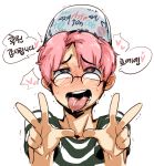  :p ahegao commentary_request doppel_(pixiv) double_w glasses hat heart heart-shaped_pupils korean korean_commentary male_focus park_jinim_(parkgee) pink_hair real_life shirt solo striped striped_shirt symbol-shaped_pupils tongue tongue_out w 